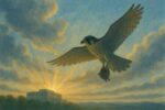 夕暮れの広い空を舞うハヤブサの足元に、小さな動物が優しく運ばれている。雲間から差し込む光の先には、静かに佇む病院の建物。希望に満ちた旅のクライマックスを象徴する、絵本のようなタッチのイラスト